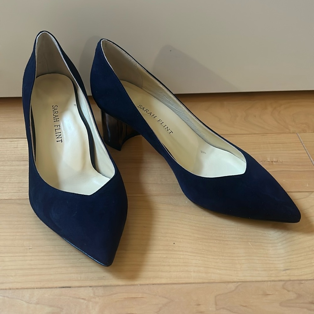 New Sarah Flint Navy Suede Perfect Emma Pumps Tortoise Heel in 36.5/6.5